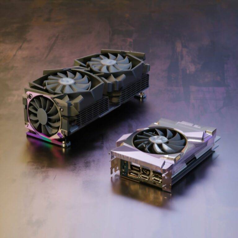 A huge and powerful GPU with 3 fans next to a small GPU with 1 fan