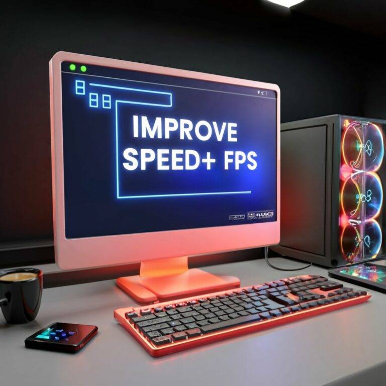 A pc monitor with the text "improve speed+FPS'